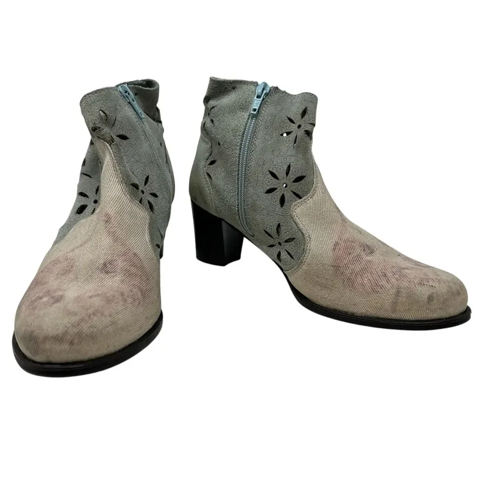 Desigual Ankle Boots Cutwork Tiger Print‎ Heeled Blue Cream Pink Size 41 US 10